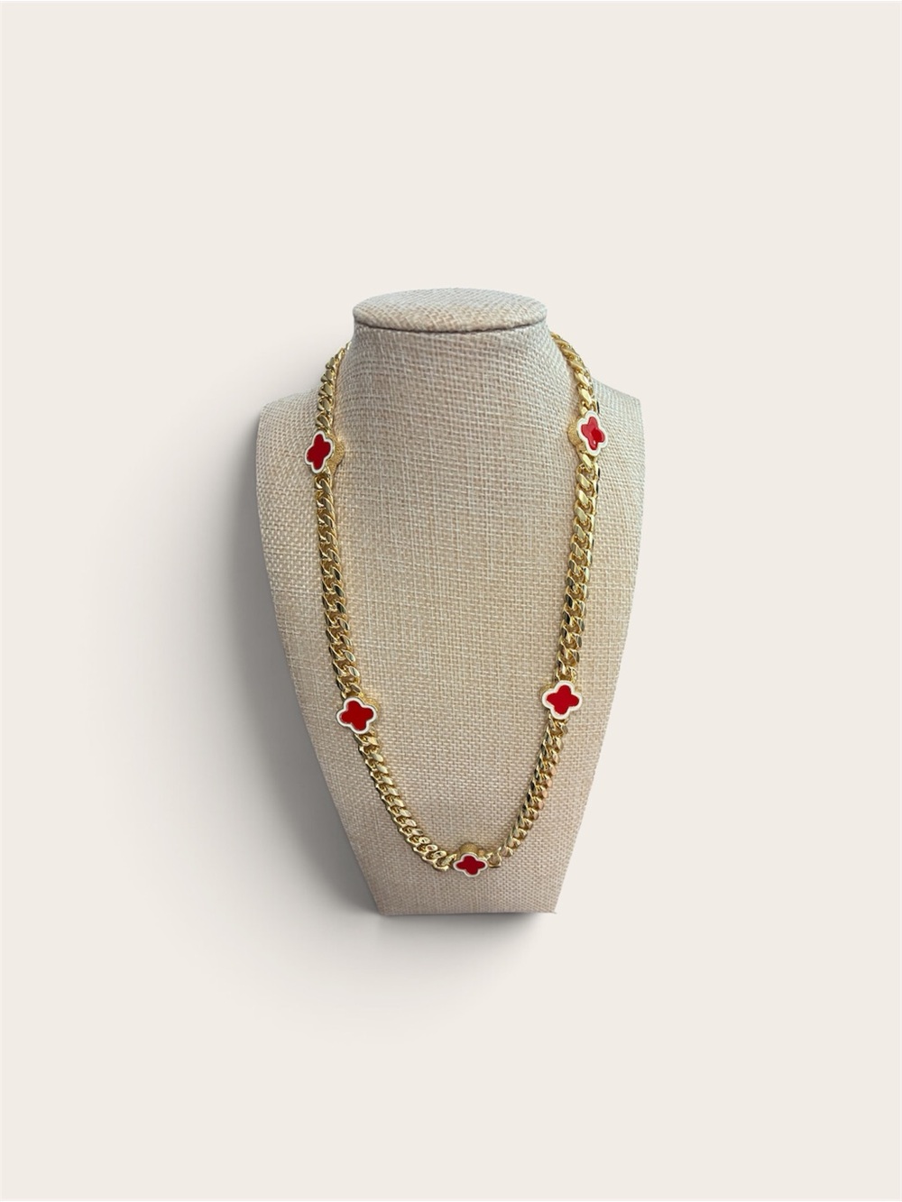 Gold Filled Chain Necklace with Red Clover Accents and Monaco Lock